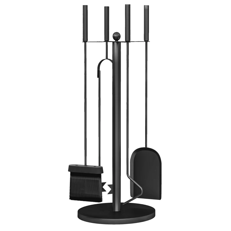 Outsunny Juego de Herramientas para Chimenea de 5 Piezas de Metal con Escoba Pala Tenazas Atizador y Soporte Ø25x54 cm Negro