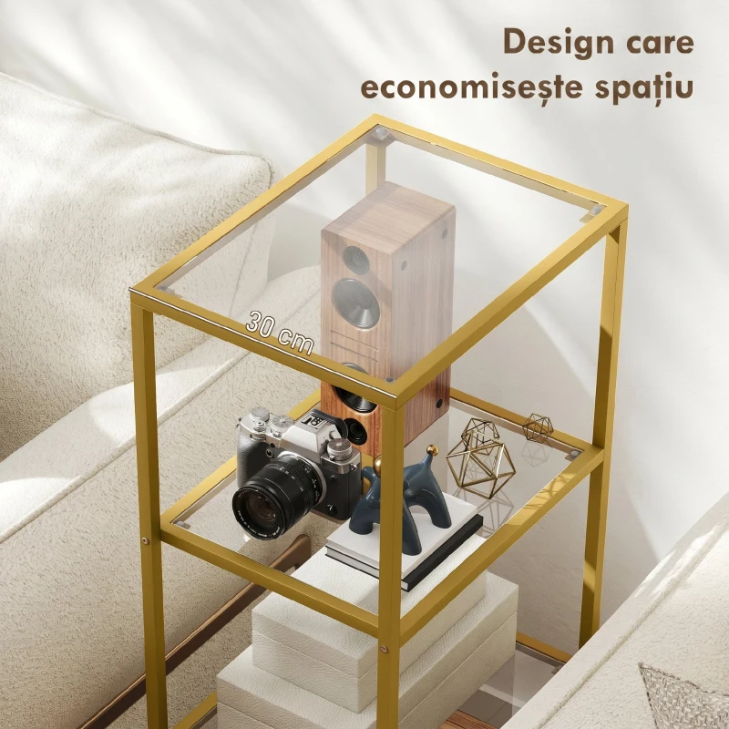 HOMCOM Raft cu 4 Niveluri Minimal din Metal și Sticlă Temperată, 40x30x96,5 cm, culoare Aurie
