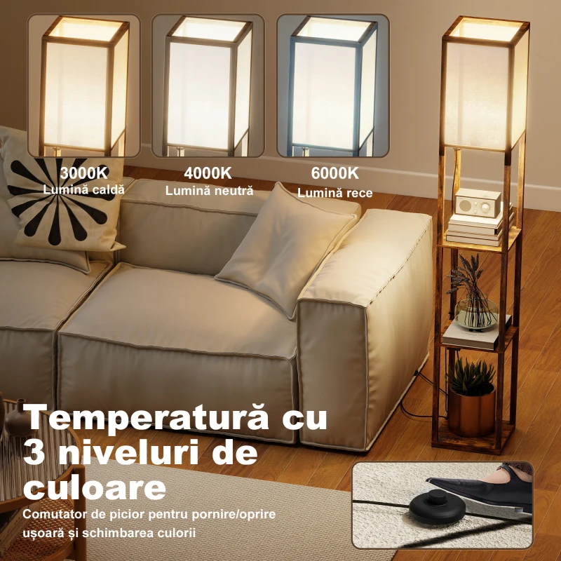 HOMCOM Lampadar cu rafturi, lumină reglabilă, întrerupător pedală și porturi USB, maro