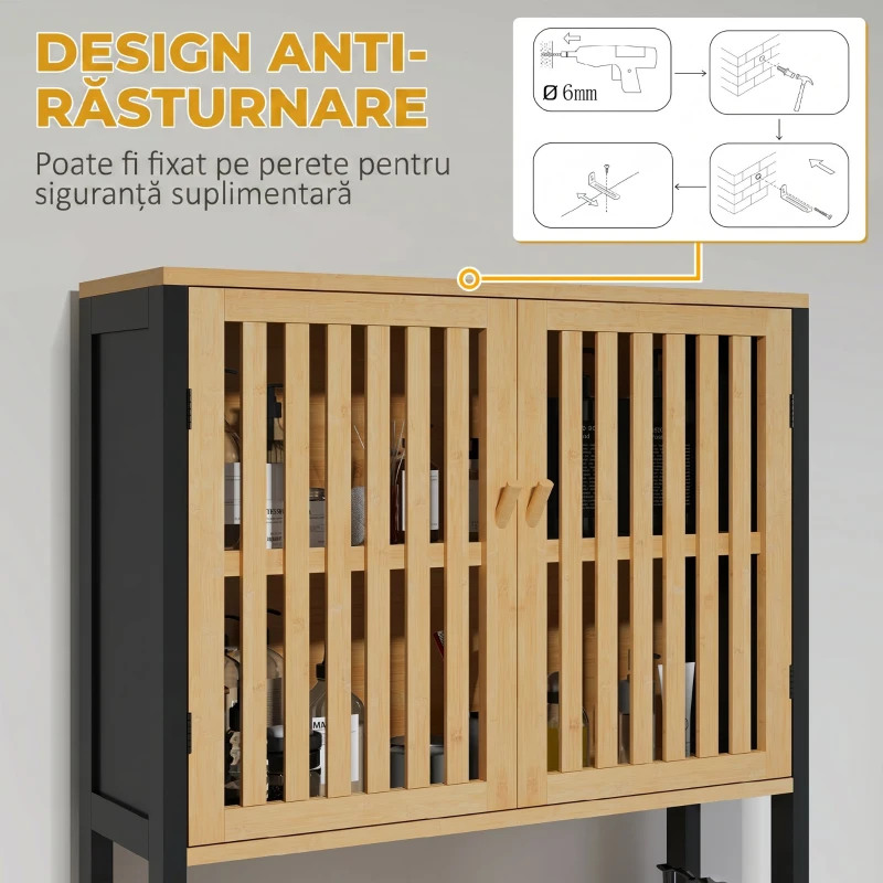 HOMCOM Mobilă deasupra WC-ului cu dulap 2 uși cu șipci și raft deschis, 60x21,5x172cm, culoare lemn
