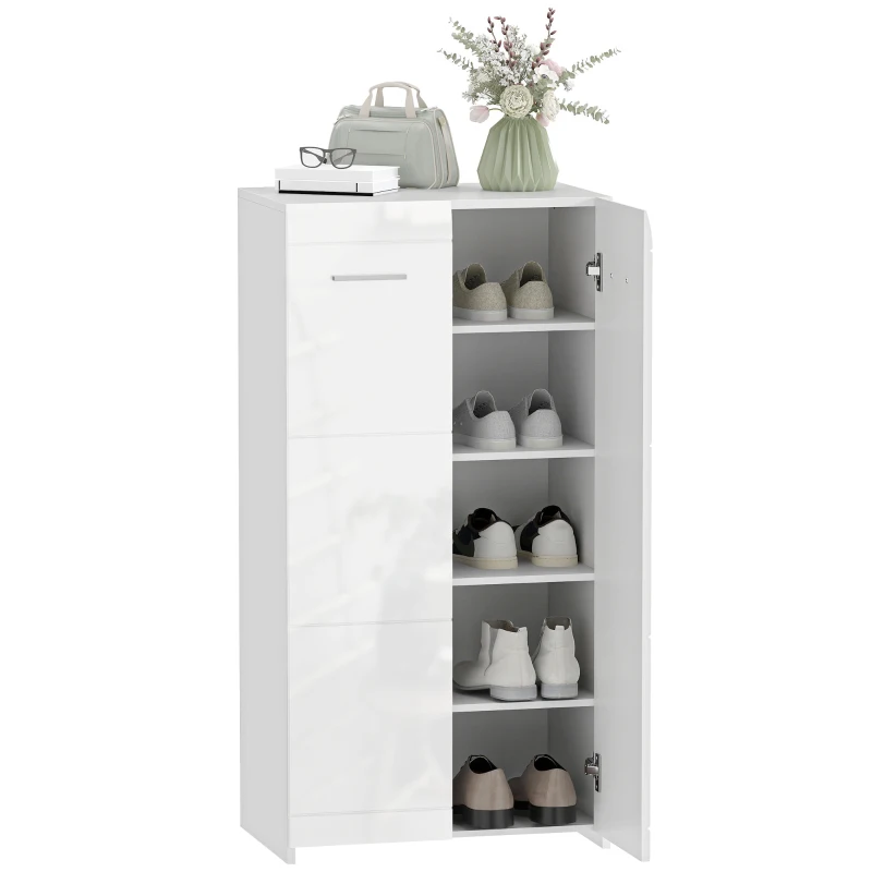 HOMCOM Meuble à chaussures 10 paires, armoire à chaussures à haute brillance 5 niveaux, étagères réglables, 55x36x108cm, blanc