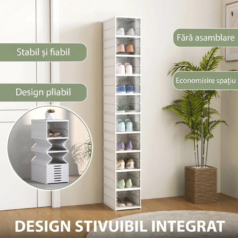 HOMCOM Pantofar Pliabil Slim, Modular, cu 10 Cutii pentru Pantofi, Economisire Spațiu, Fără Montaj, Alb