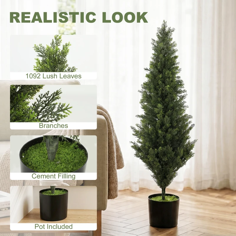 HOMCOM Set of 2 Decorative Artificial Plants Cypress in Weighted Pot, Fake Plant with 1092 Leaves, 120 cm