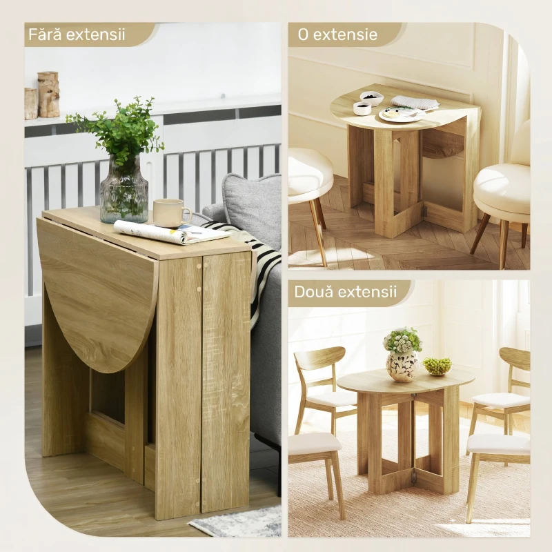 HOMCOM Masă pliabilă pentru sufragerie cu 2 extensii, masă consolă compactă din lemn, culoare stejar