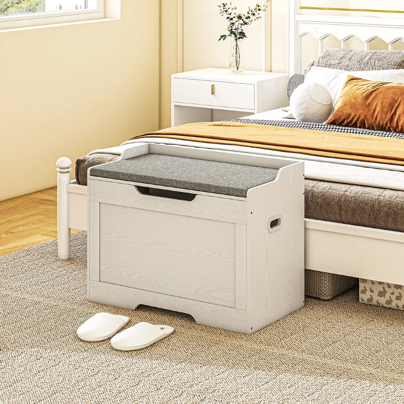 HOMCOM Panca Contenitore da 103L Multifunzione in Legno con Cuscino in Tessuto, 75x40x56cm, Bianco