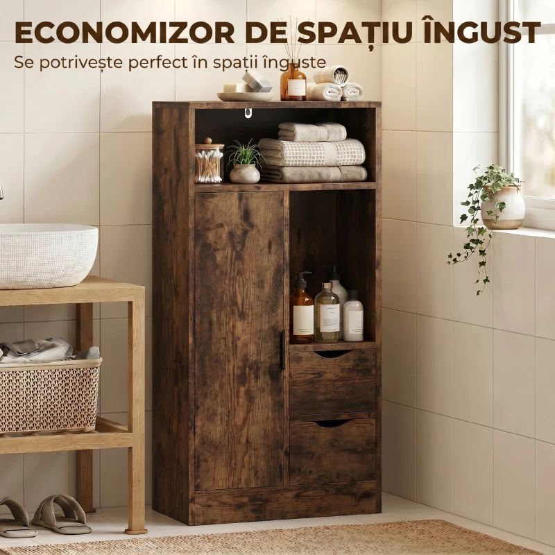 HOMCOM Dulap Baie Îngust cu 2 Sertare și Rafturi Reglabile pentru Bucătărie, Living, Hol, Maro Rustic