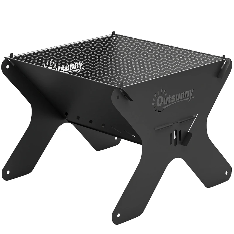Outsunny 2-In-1 Portable BBQ Grill and Camping Fire Pit, Tabletop Charcoal Barbecue Grill with Gripper, Gloves and Carry Bag