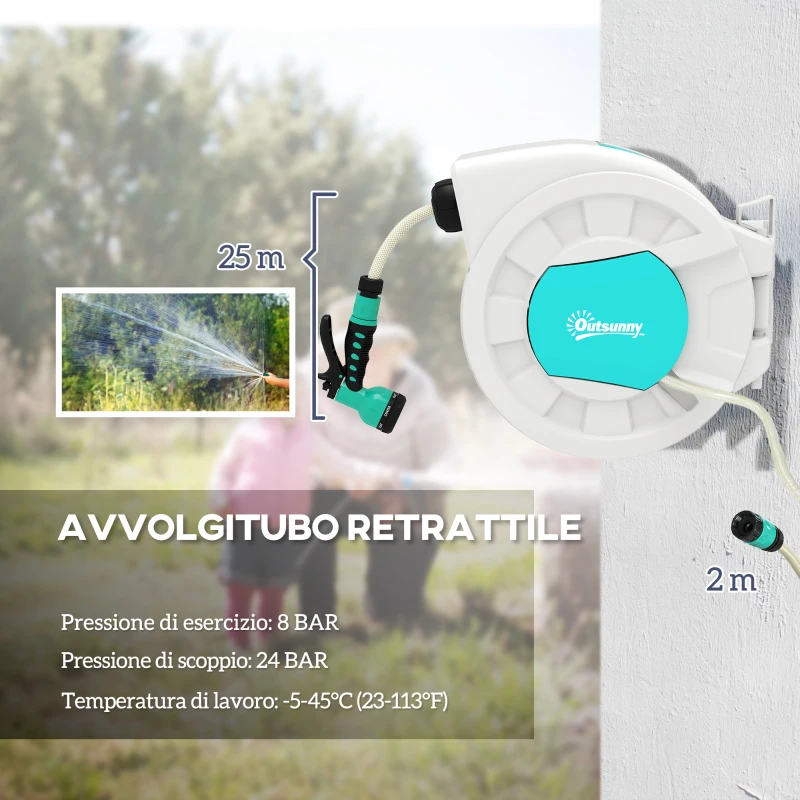 Outsunny Avvolgitubo da Giardino Retrattile con Tubo dell'Acqua 25+2 m e 7 Getti per Irrigazione, Verde e Grigio Chiaro