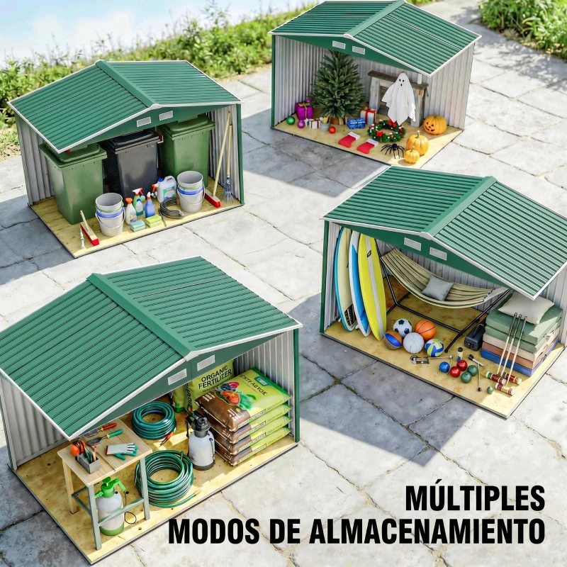 Outsunny Cobertizo de Jardín 4,9 m² 277x195x192 cm con 2 Puertas Corredizas Base Refuerzo (Suelo NO Incluido) Verde Oscuro