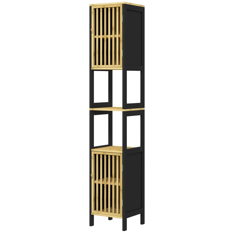 HOMCOM Dulap de baie cu șipci, 2 rafturi deschise și 2 dulapuri, din MDF și bambus, 32x30x172 cm, negru și culoare lemn(m-16)