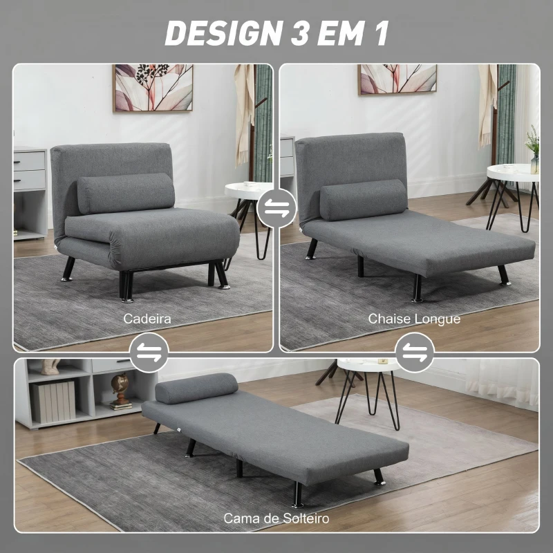 HOMCOM Sofá Cama Individual Dobrável com Encosto Ajustável em 5 Níveis Almofada e Estofado de Linho Sintético 75x70x75 cm Cinzento