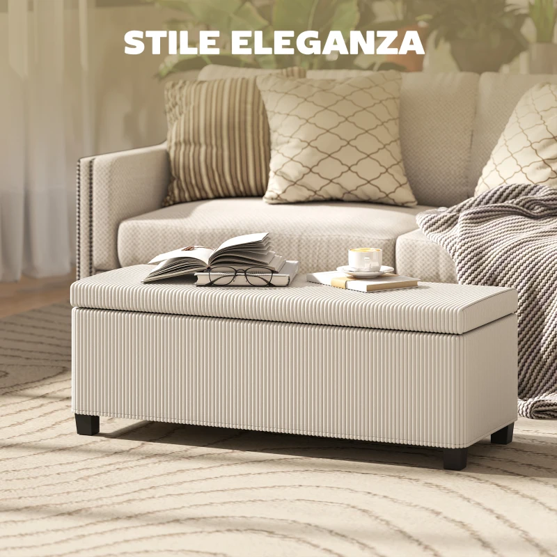 HOMCOM Panca Fondo Letto con Spazio Contenitore da 84L, in Tessuto Effetto Velluto a Coste e Acciaio, 112x42x40 cm, Beige
