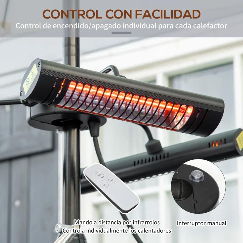 Outsunny Calefactor Eléctrico Exterior por Infrarrojos con Control Remoto y 1000W/2000W/3000W Sombrilla Ø87x22cm Negro