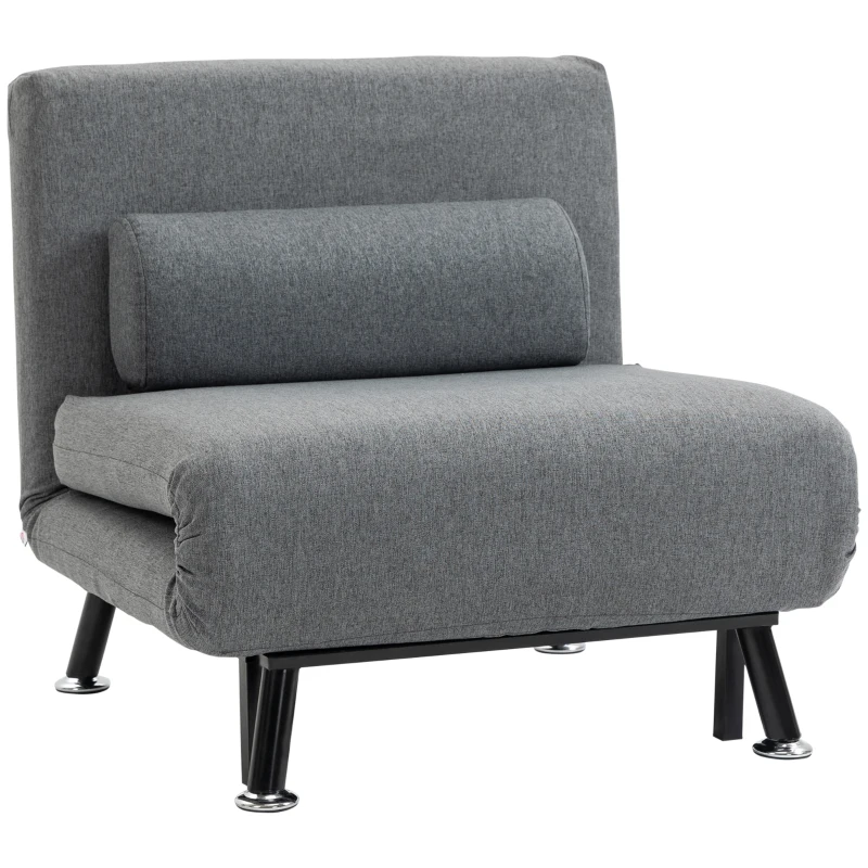 HOMCOM Sofá Cama Individual Dobrável com Encosto Ajustável em 5 Níveis Almofada e Estofado de Linho Sintético 75x70x75 cm Cinzento
