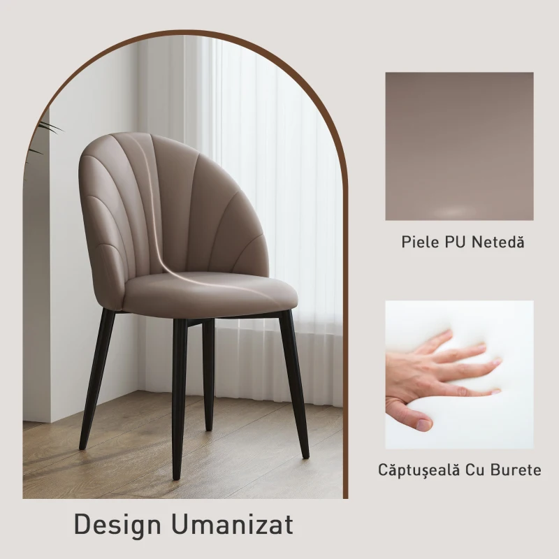 HOMCOM Set de 2 scaune de sufragerie, din piele PU, cu picioare din metal și spătar în formă de scoică, maro