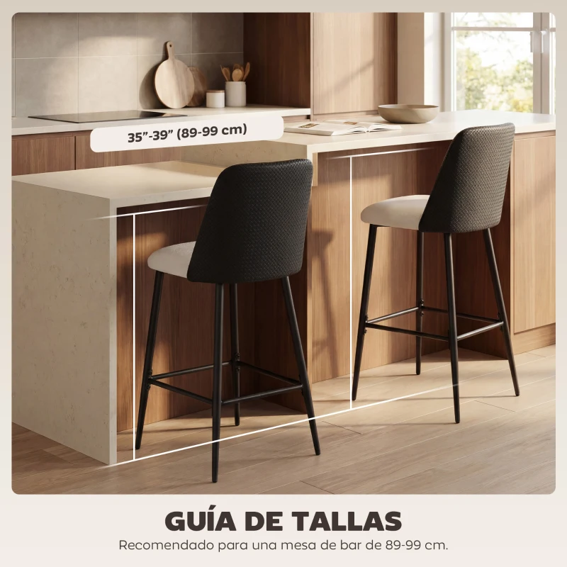 HOMCOM Juego de Taburetes Altos de Cocina con Respaldo y Reposapiés Tapizados de Lino y PU Marco de Acero Negro