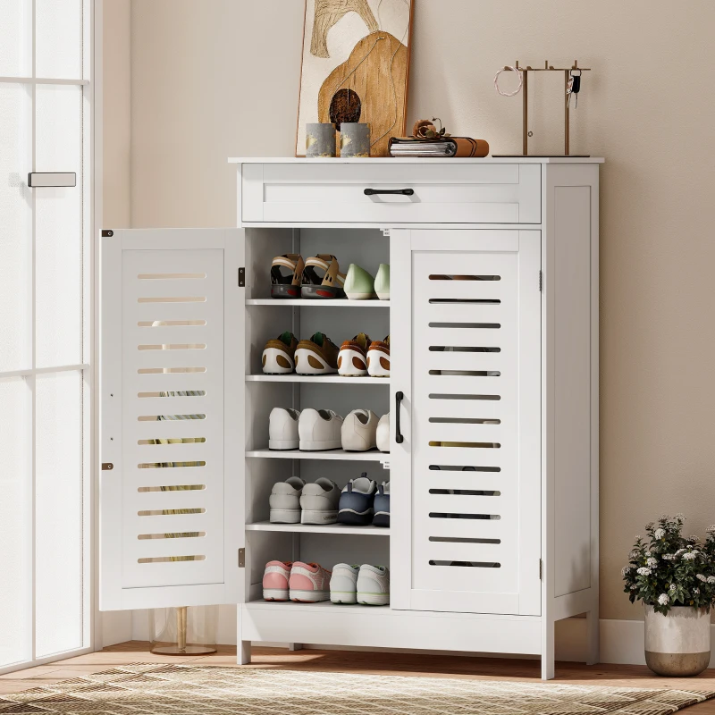 HOMCOM Shoe Cabinet with Louvered Doors, Modern Shoe Storage Cabinet with Drawer and Adjustable Shelves, White