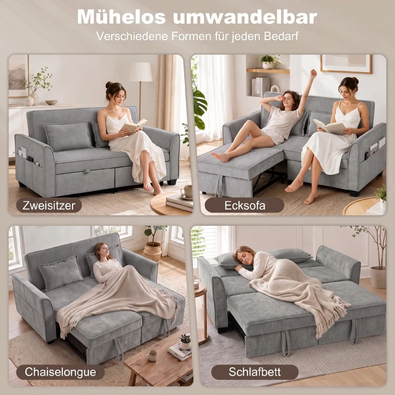 HOMCOM 2-Sitzer-Schlafsofa, 4-in-1 L-förmiges Ausziehsofa mit verstellbarer Rückenlehne und Seitentaschen, Grau