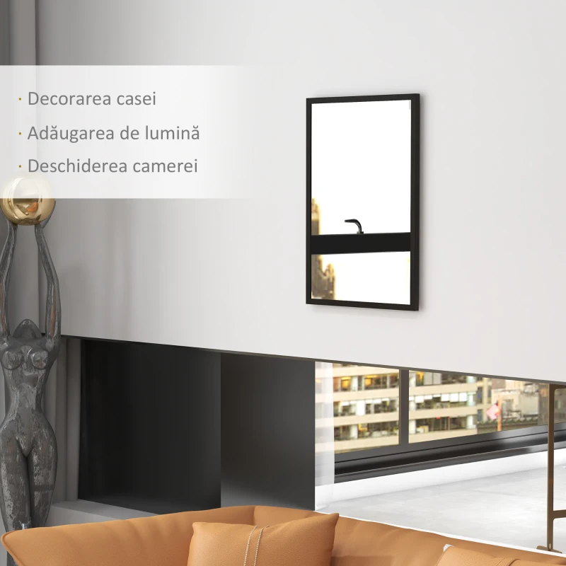 HOMCOM Oglindă de Perete Dreptunghiulară cu Cârlige, din Sticlă și MDF, 50x70 cm, Negru