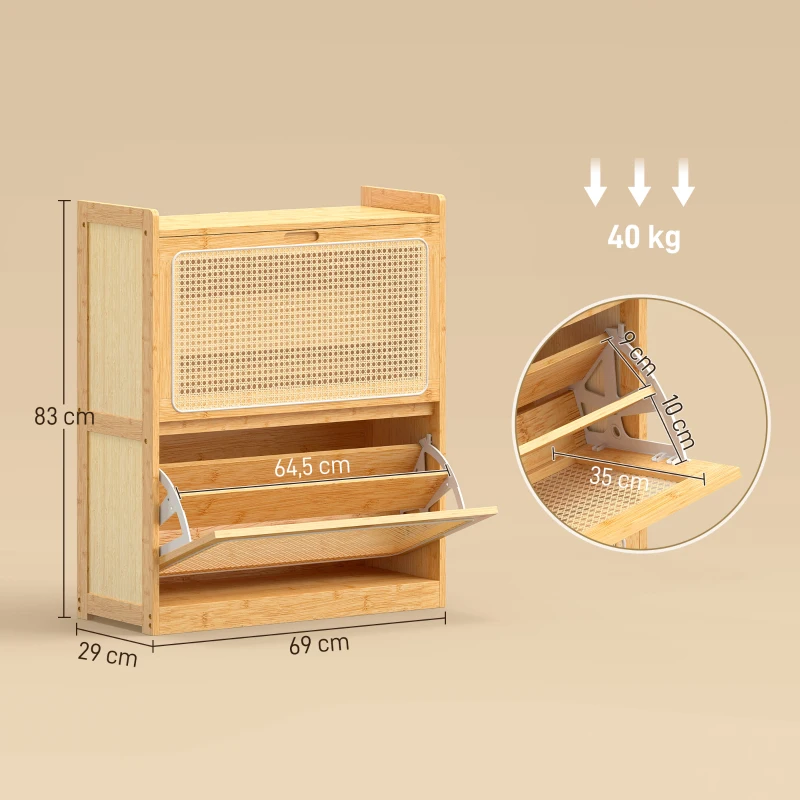 HOMCOM Meuble à chaussures 14 paires, armoire à chaussures 2 tiroirs rabattables, étagères réglables, 69x29x83cm, bois naturel