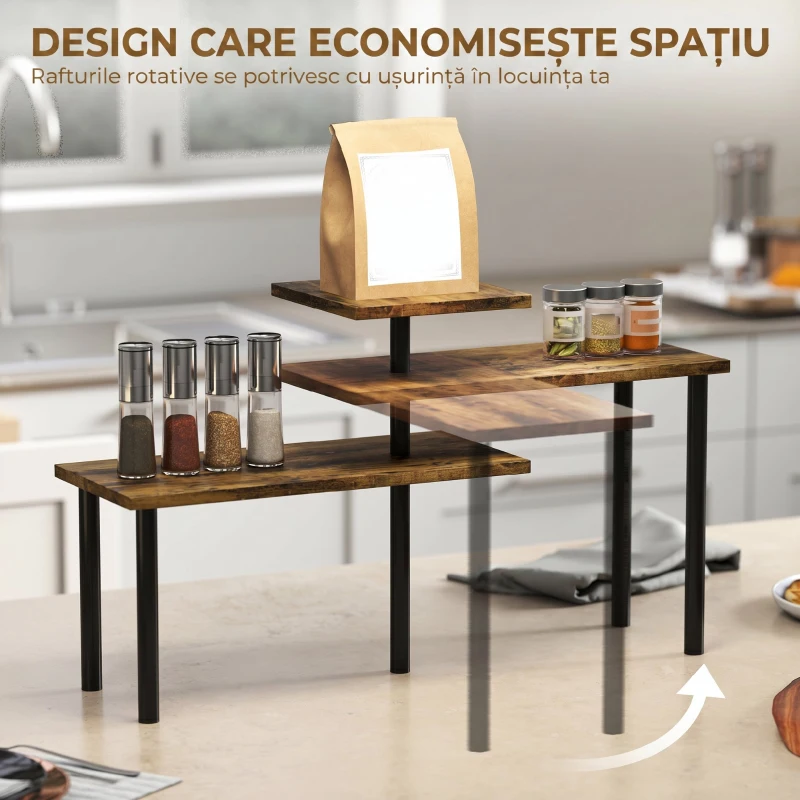 HOMCOM Raft de Bucătărie cu 3 Nivele Rotative Economisitor de Spațiu din Lemn și Oțel, 40x10x36.5 cm, Maro Rustic
