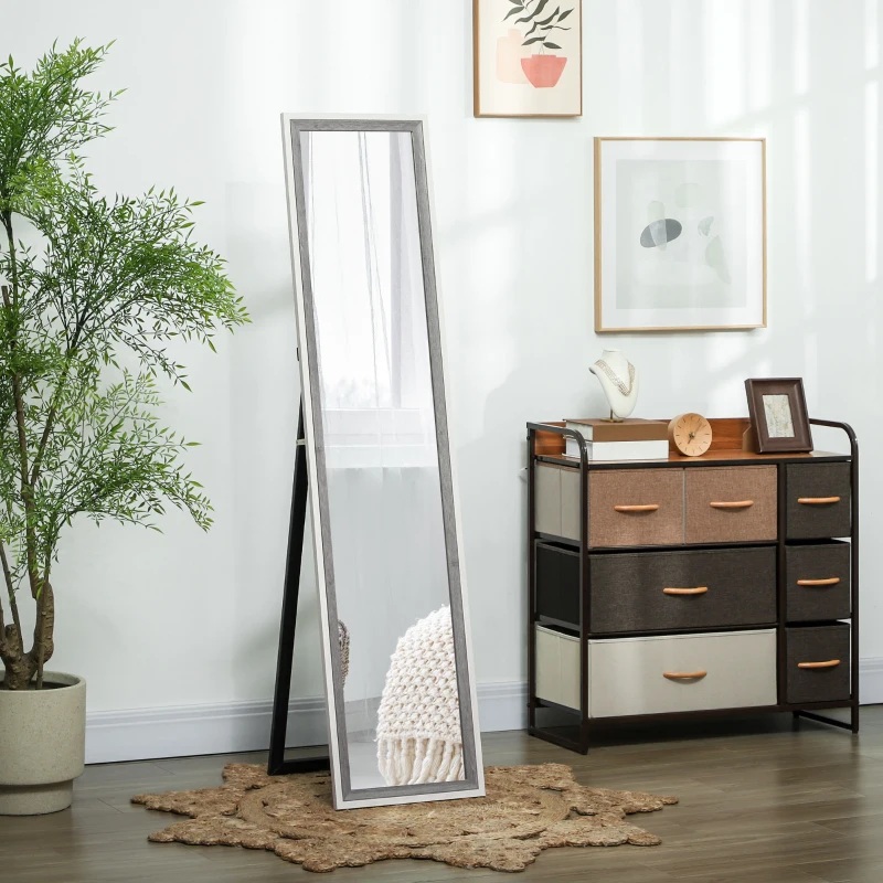 HOMCOM Espejo de Cuerpo Entero 157x37 cm Espejo de Pie o de Pared con Marco de MDF y Soporte Blanco y Gris