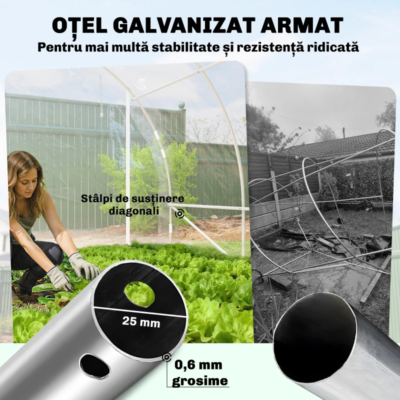 Outsunny Seră de Grădină Tip Tunel 3x4x2 m cu 2 Uși Rulabile, Seră pentru Legume cu 4 Întăriri Diagonale, Cadru din Oțel și Acoperiș PE, pentru Legume, Flori, Fructe, Anti-UV, Transparent