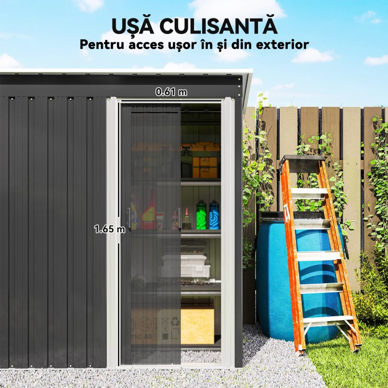 Outsunny Magazie de Scule din Otel, 1 Usa Glisanta, Remiza de Gradina Neagra, Acoperis inclinat 163 x89 x182cm(m-5)