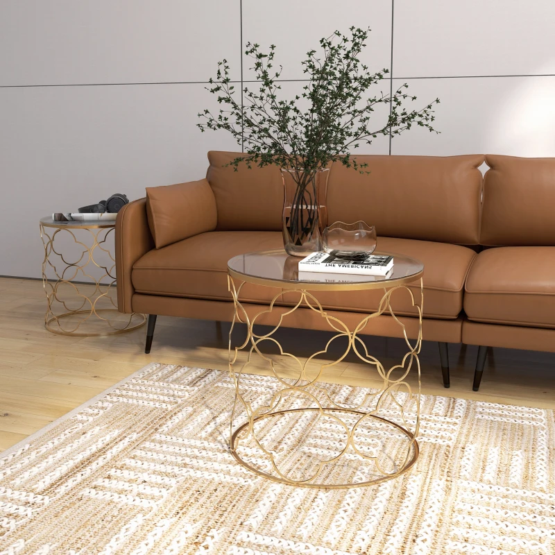 HOMCOM Set de 2 mese de living suprapozabile art deco din metal cu blat din sticlă, auriu