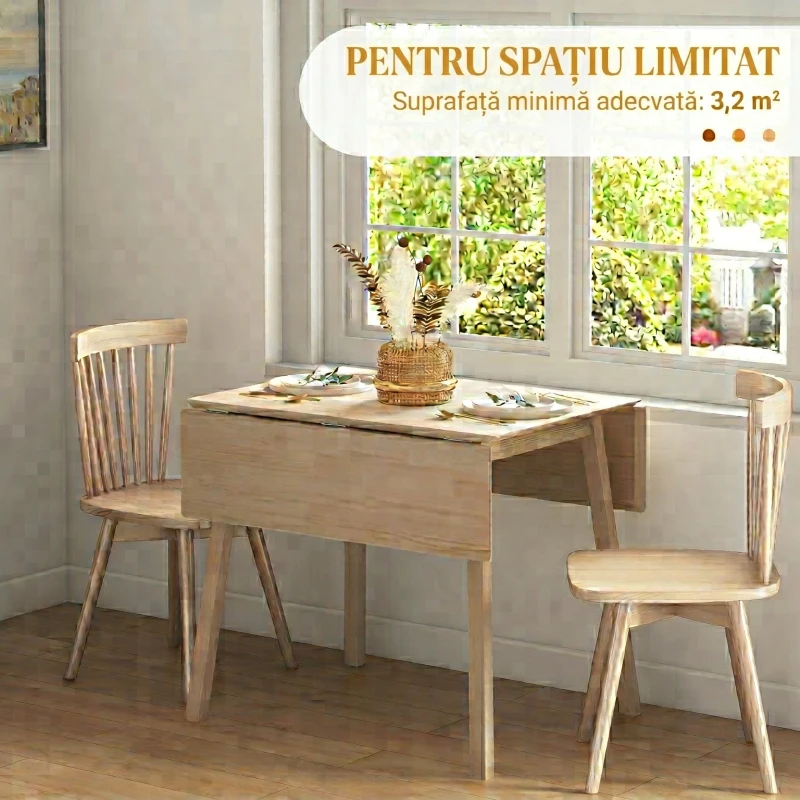 HOMCOM Masă Pliabilă Compactă cu 2 Extensii pentru 2-4 Persoane, din Lemn de Pin, Culoare Lemn Natural