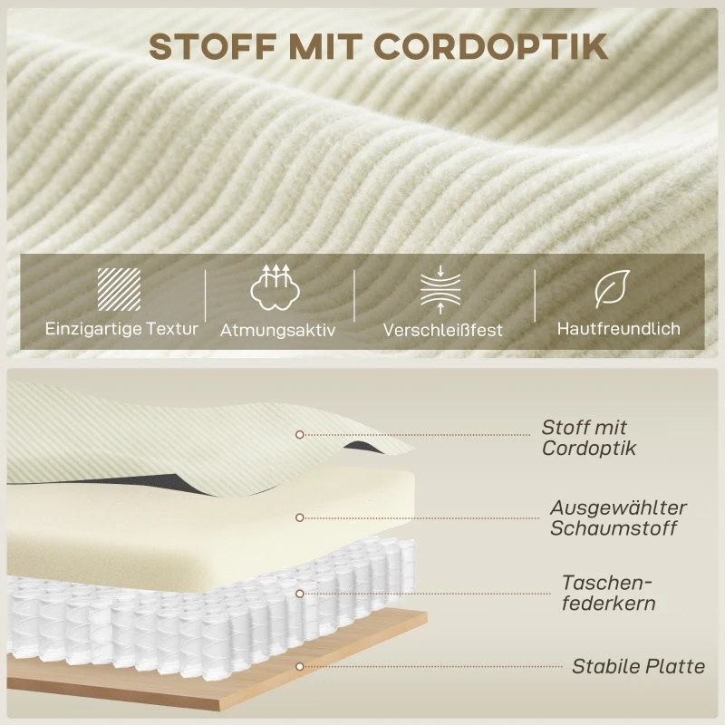 HOMCOM 3-Sitzer-Sofa mit Chaiselongue, Wohnzimmercouch mit Cordbezug, 2 Extra-Kissen, Polstersofa, Cremeweiß(m-5)