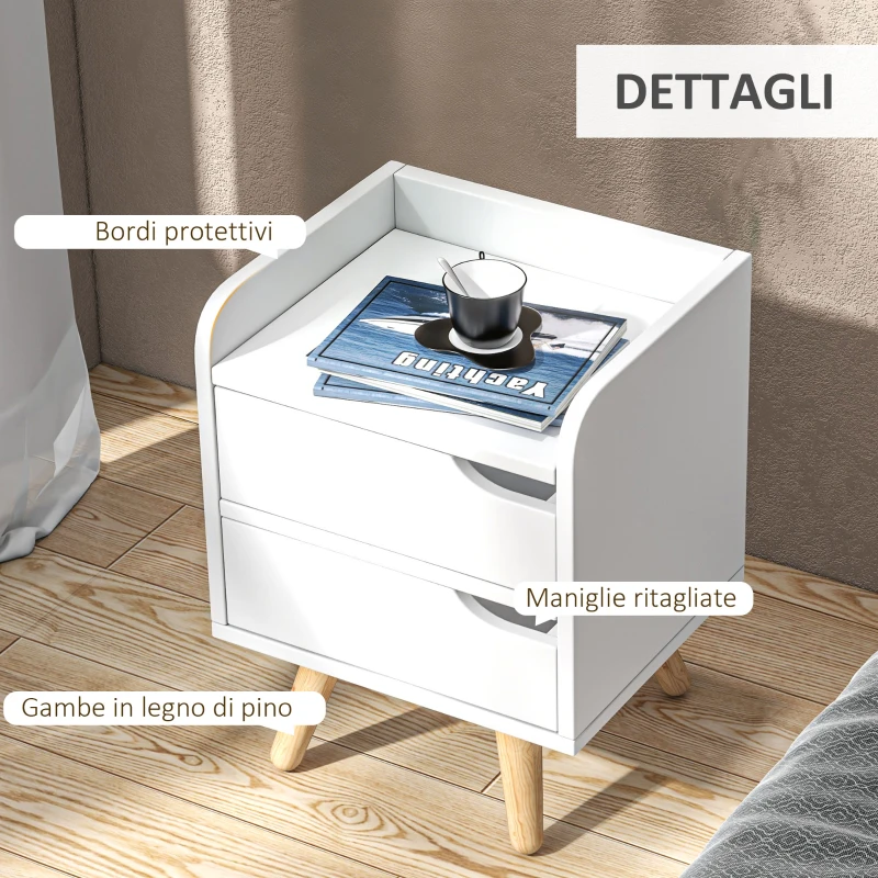 HOMCOM Comodino da Camera da Letto Salvaspazio, Moderno Comodino con 2 Cassetti, Design Semplice, Legno Bianco, Piedini in Legno di Pino, 33 x 28 x 42cm, Bianco