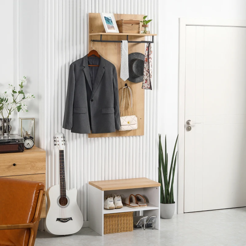 HOMCOM Mobile da Ingresso con Scarpiera Bassa, Panca e Appendiabiti da 4 Ganci in Truciolato e Acciaio, 60x28x120 cm