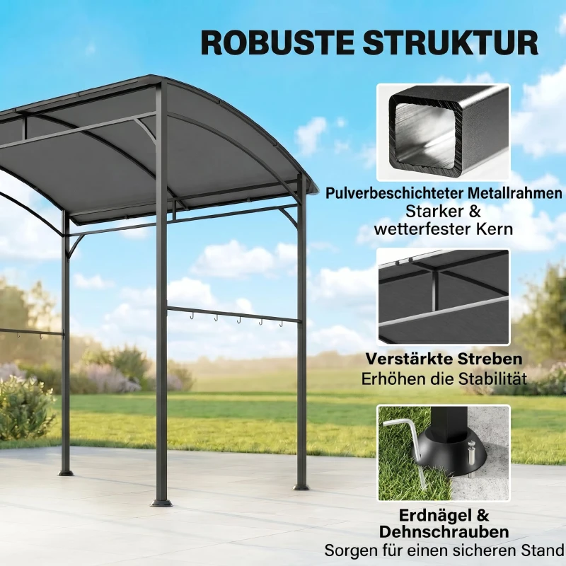 Outsunny Grillpavillon, Grillüberdachung, Regenschutz, Haken für Utensilien, Stahlrahmen, Dunkelgrau, 215 x 150 x 182/220 cm