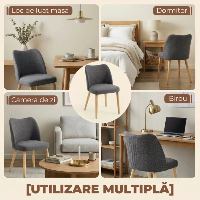 HOMCOM Set de 2 Scaune de Masă Tapițate cu Picioare din Lemn de Hevea, Țesătură, Gri Deschis