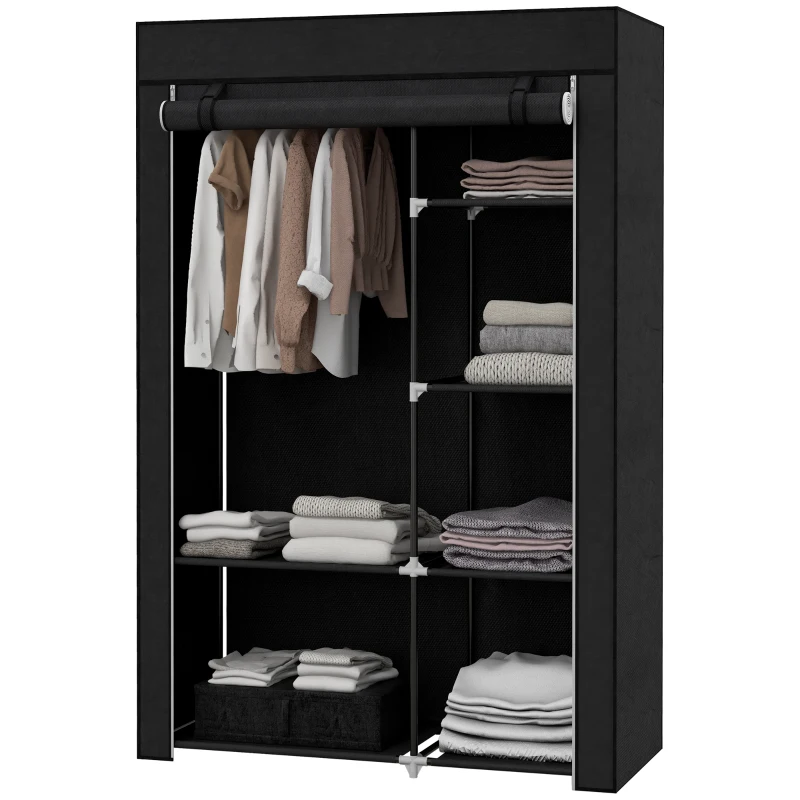 HOMCOM Fabric Wardrobe, Portable Wardrobe with 6 Shelves, 1 Hanging Rail, Foldable Closets, 103 x 43 x 162.5 cm, Black