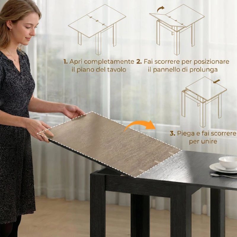 HOMCOM Tavolo da Pranzo Allungabile per 4-6 Persone in Legno e Acciaio, 140x80x77.5 cm, Nero