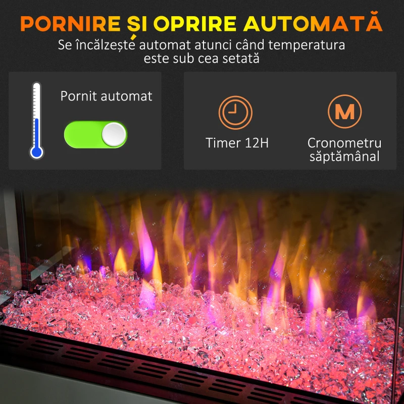 HOMCOM Șemineu Electric cu 10 Culori, Oprire Automată și Timer 12h, 61x28x66.5 cm, Alb