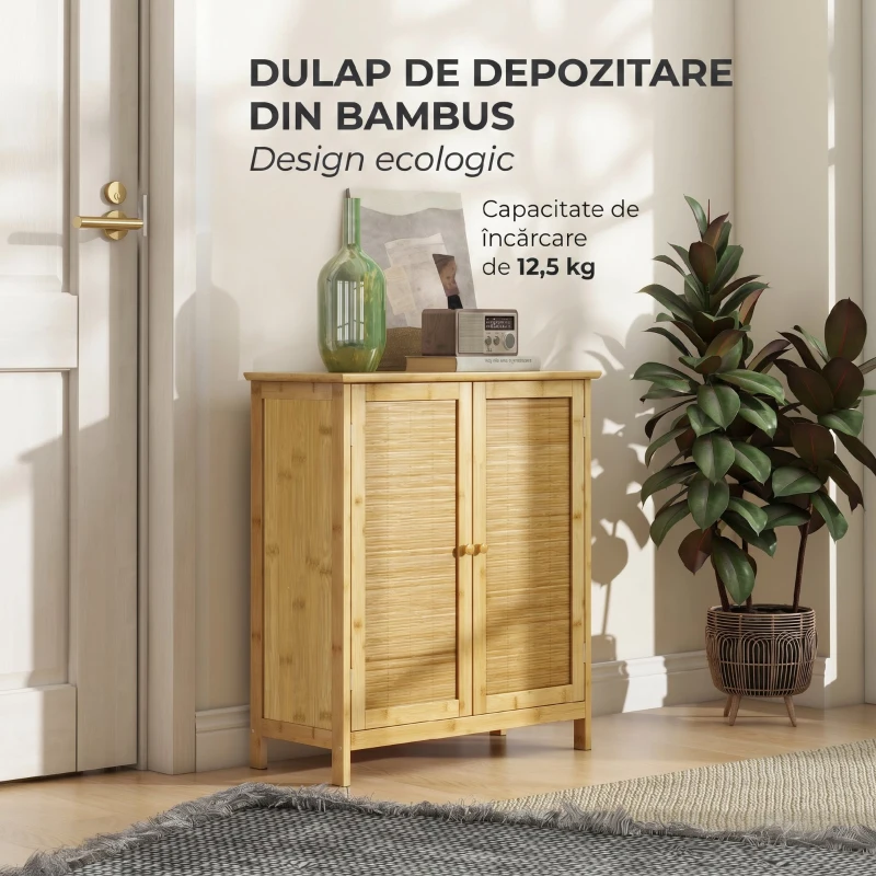 HOMCOM Comodă Boho din Ratan și Bambus cu 2 Uși și Poliță Internă, 60x27x67.5cm, Culoare Lemn