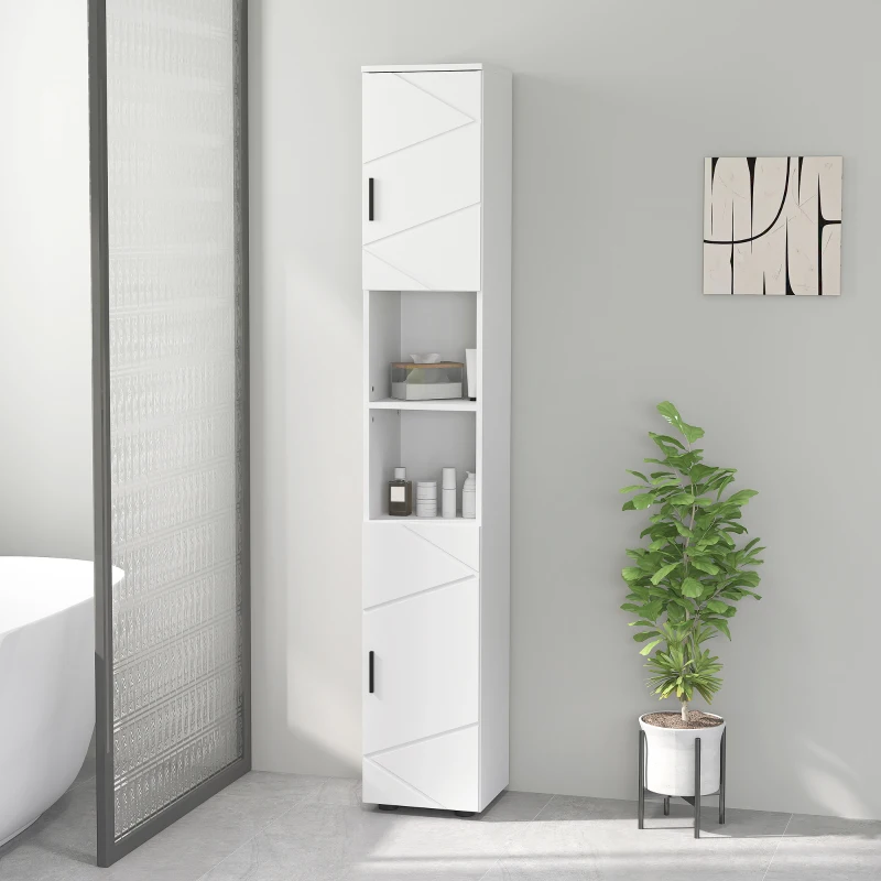 kleankin Line Embossed Tall Bathroom Storage Cabinet - White