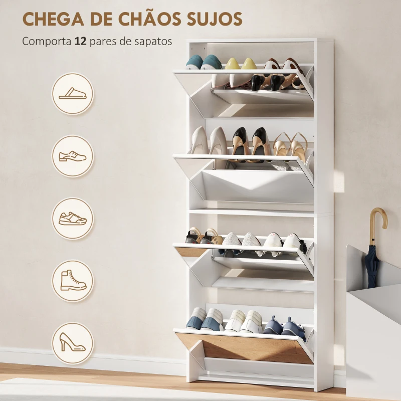 HOMCOM Sapateira Estreita com Espelho 4 Portas Abatíveis para 12 Pares de Sapatos para Espaços Reduzidos 63x17x146 cm Branco