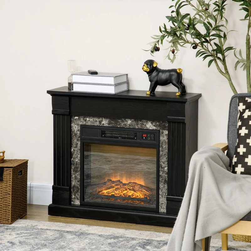 HOMCOM Chimenea Eléctrica 1800W Chimenea Decorativa con Efecto de Llama Mando a Distancia Temporizador 80x21,6x67,8cm Negro