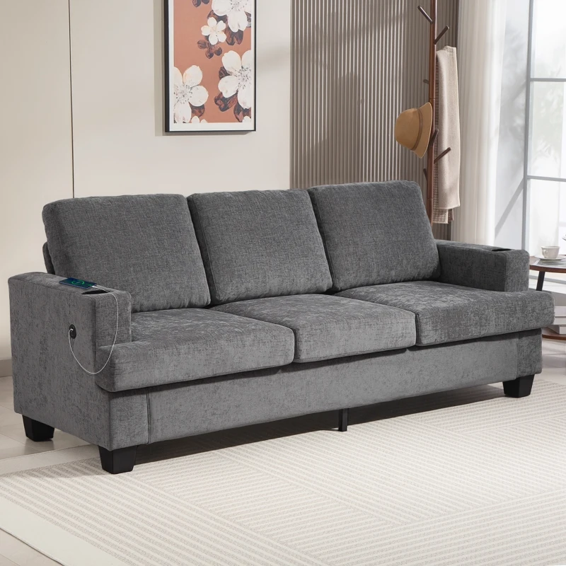 HOMCOM 3 Seater Sofa with USB Ports & Cup Holders - Grey