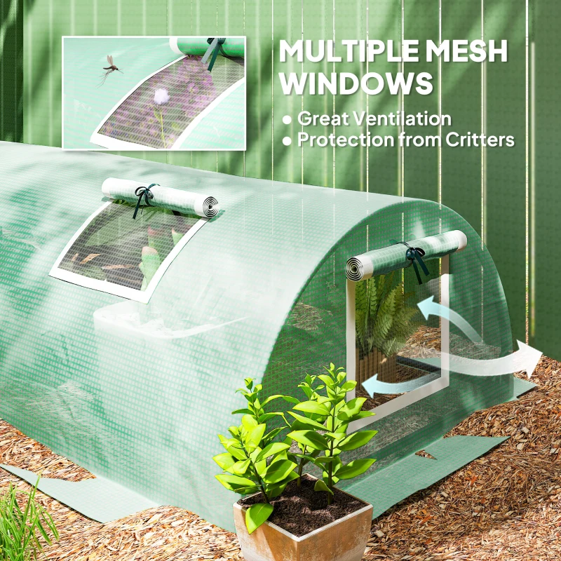 Outsunny Mini Greenhouse, Portable Tunnel Green House, Green Grow House Steel Frame with 5 Mesh Windows, 3 M, Green