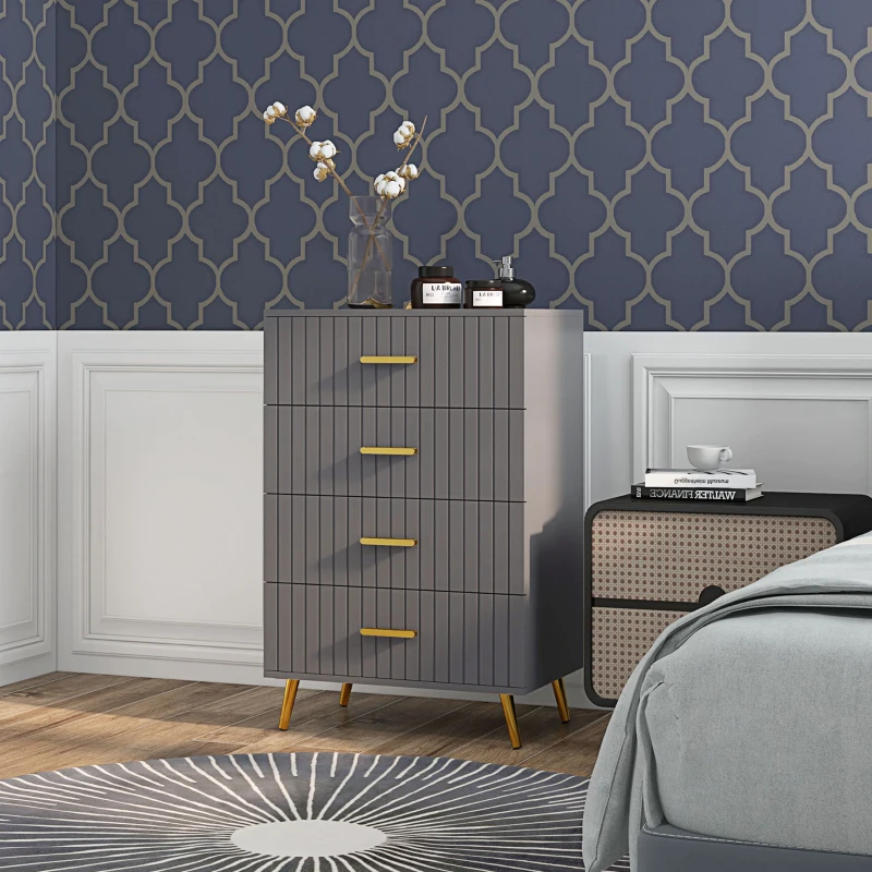 HOMCOM Comodă modernă cu 4 sertare din lemn și aluminiu, 60x40x90 cm, auriu și gri închis