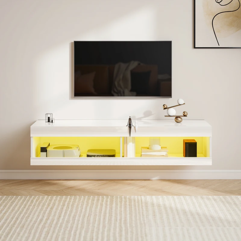 HOMCOM Mueble de TV Suspendido con Luces LED con Control Remoto Compartimentos Orificios Pasacables 140x40x30 cm Blanco Brillo