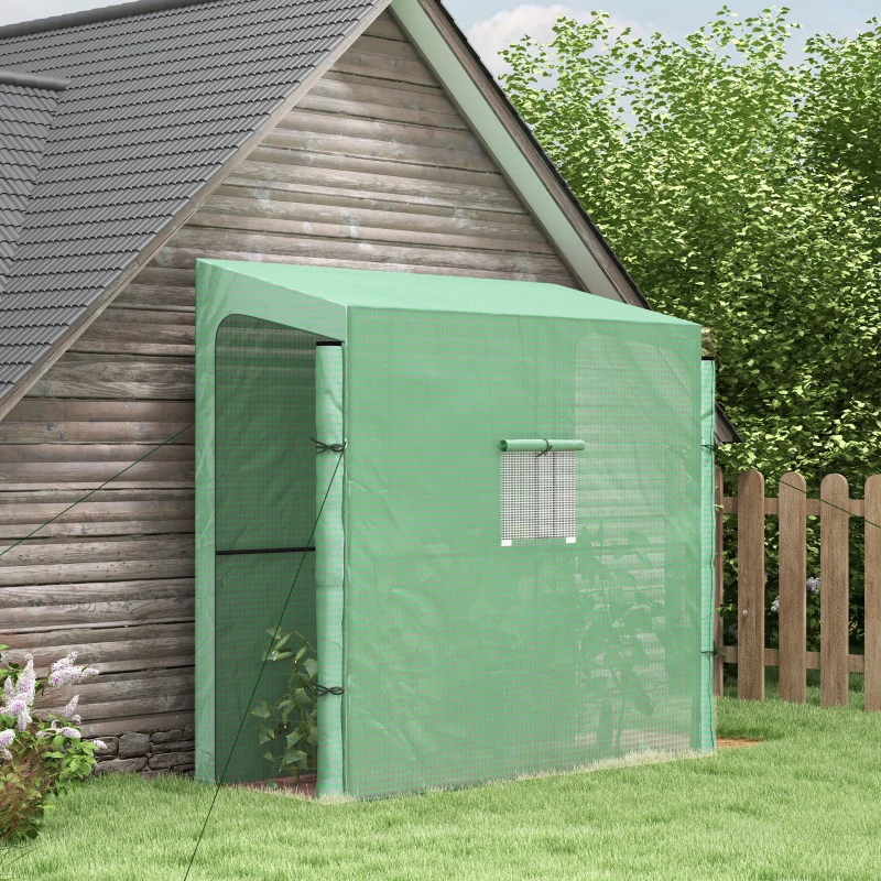 Outsunny Serre de jardin adossée murale serre à tomate 2 Portes zippées enroulables, 1 fenetre, dim. 200L x 80l x 200/180H cm