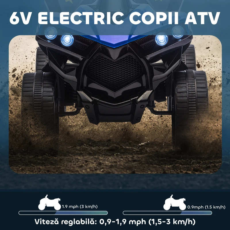 AIYAPLAY Quad Electric pentru Copii ATV cu Baterie Reîncărcabilă 6V, Faruri LED și Muzică, Vârsta 18-56 Luni, Albastru
