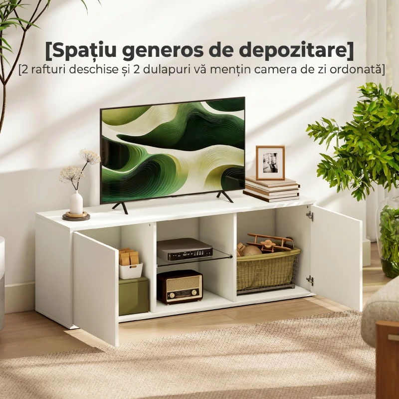 HOMCOM Mobilier TV pentru televizoare de până la 55", Suspendat sau pe Podea, Uși Soft Close, Gaura pentru Cabluri și Raft din Sticlă, Alb