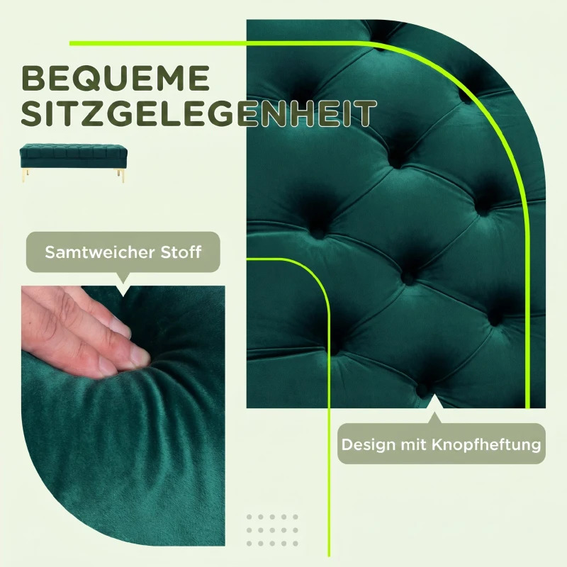 HOMCOM Banchetă pentru Capăt de Pat Tapițată cu Material Textil Matlasat cu Efect de Catifea, 118x45x42 cm, Verde Închis
